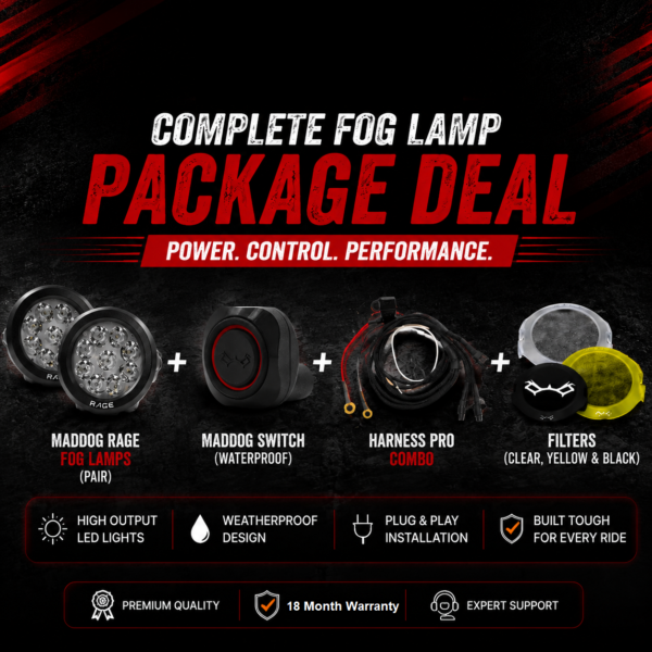 Maddog RAGE Complete Fog Lamp Package Deal | LED Fog Lights + Switch + Harness + Filters